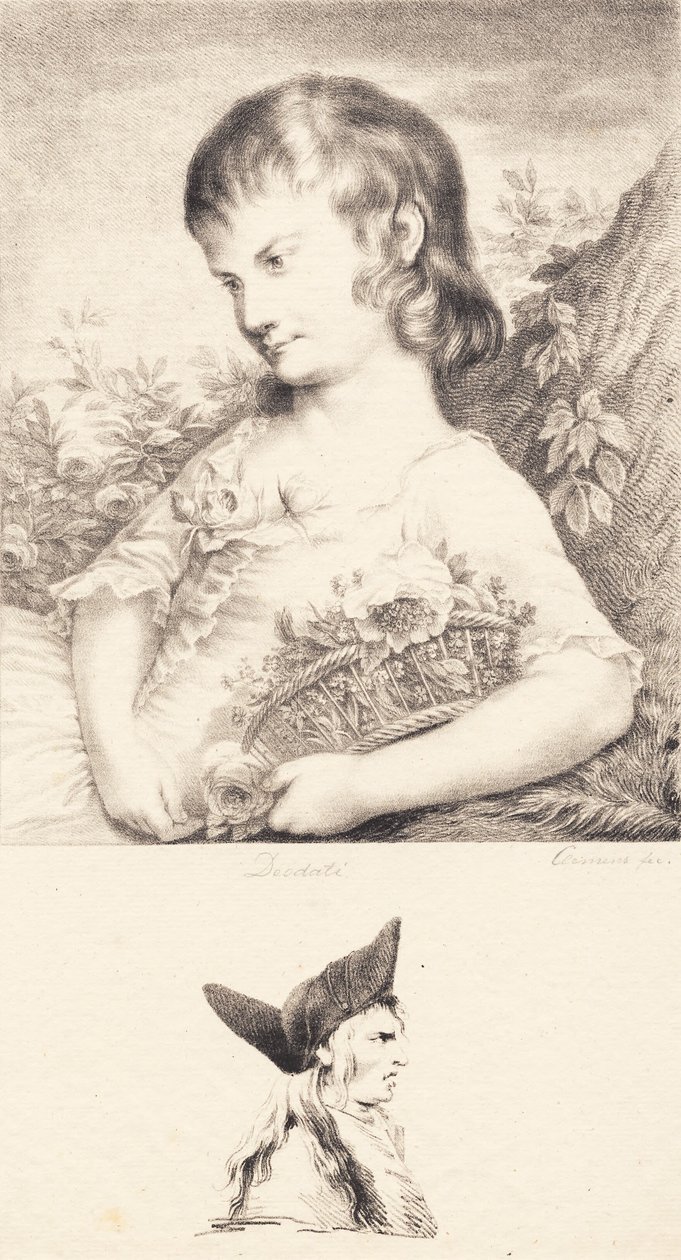 En liten jente med en kurv med blomster og et mannsportrett av J.F. Clemens