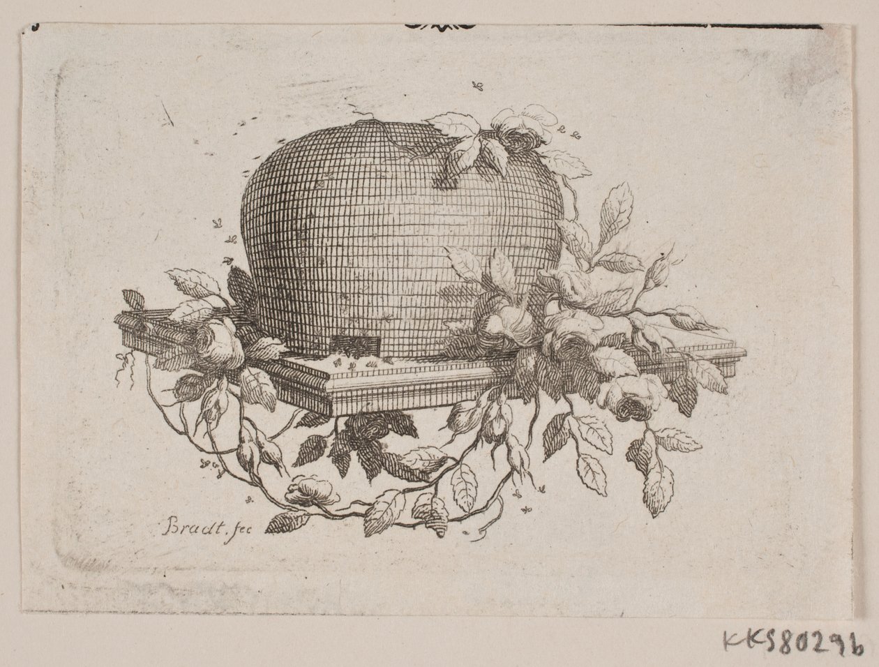 En plate som bærer en bikube, omkranset av roseløv av J.F. Clemens