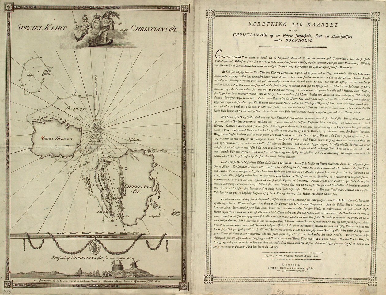 Kart over Christiansø med tekstsiden av J.F. Clemens