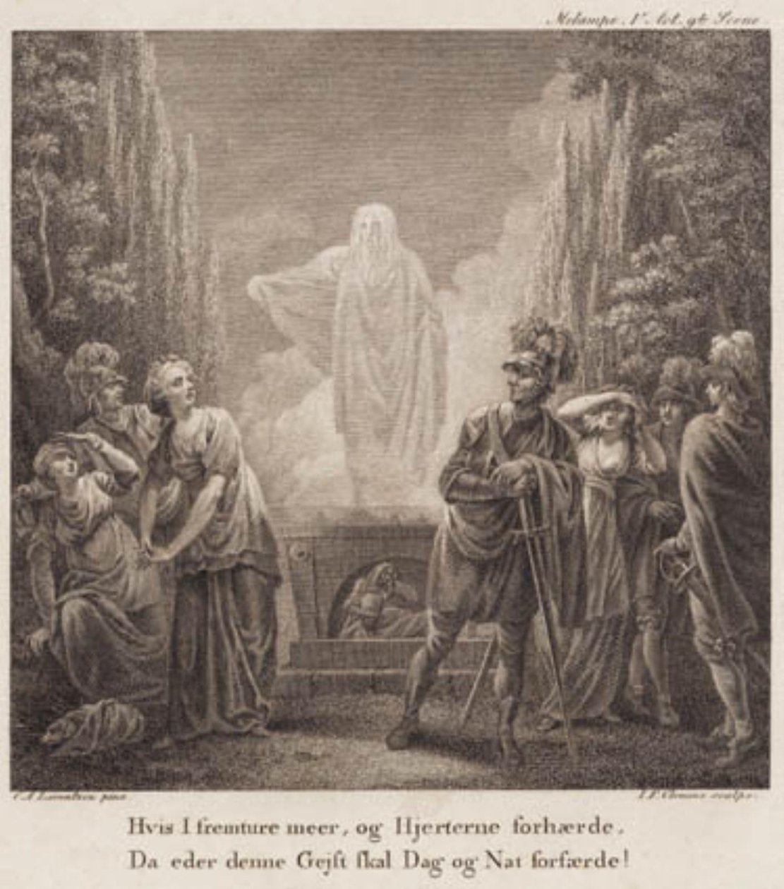 Melampe. Hvis dere går mer frem og forherder deres hjerter, når vil denne ånden skremme dere dag og natt? Gravering etter Llorentzens Holberg Galleri. av J.F. Clemens