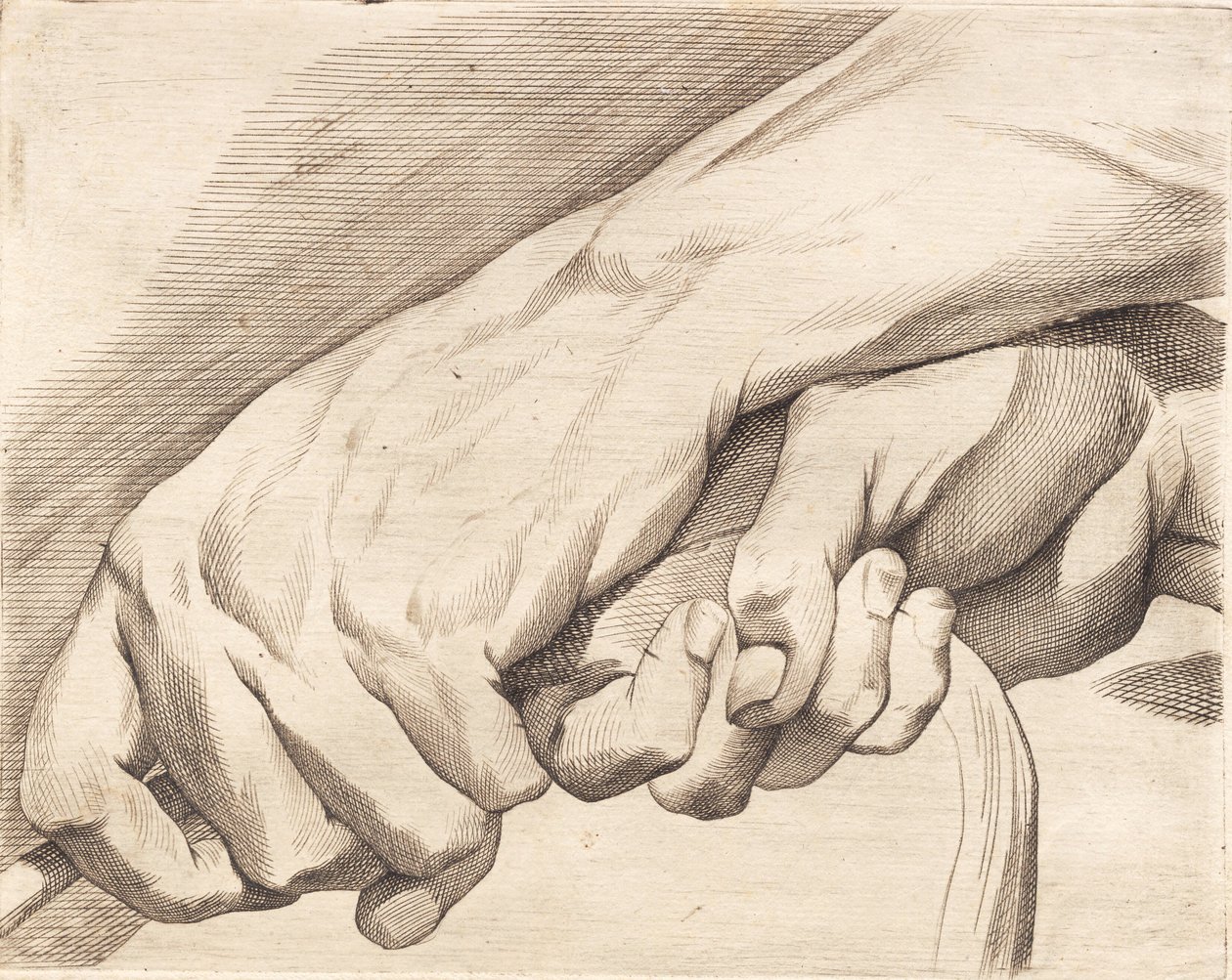 Studieark med to hender som holder et tau av J.F. Clemens