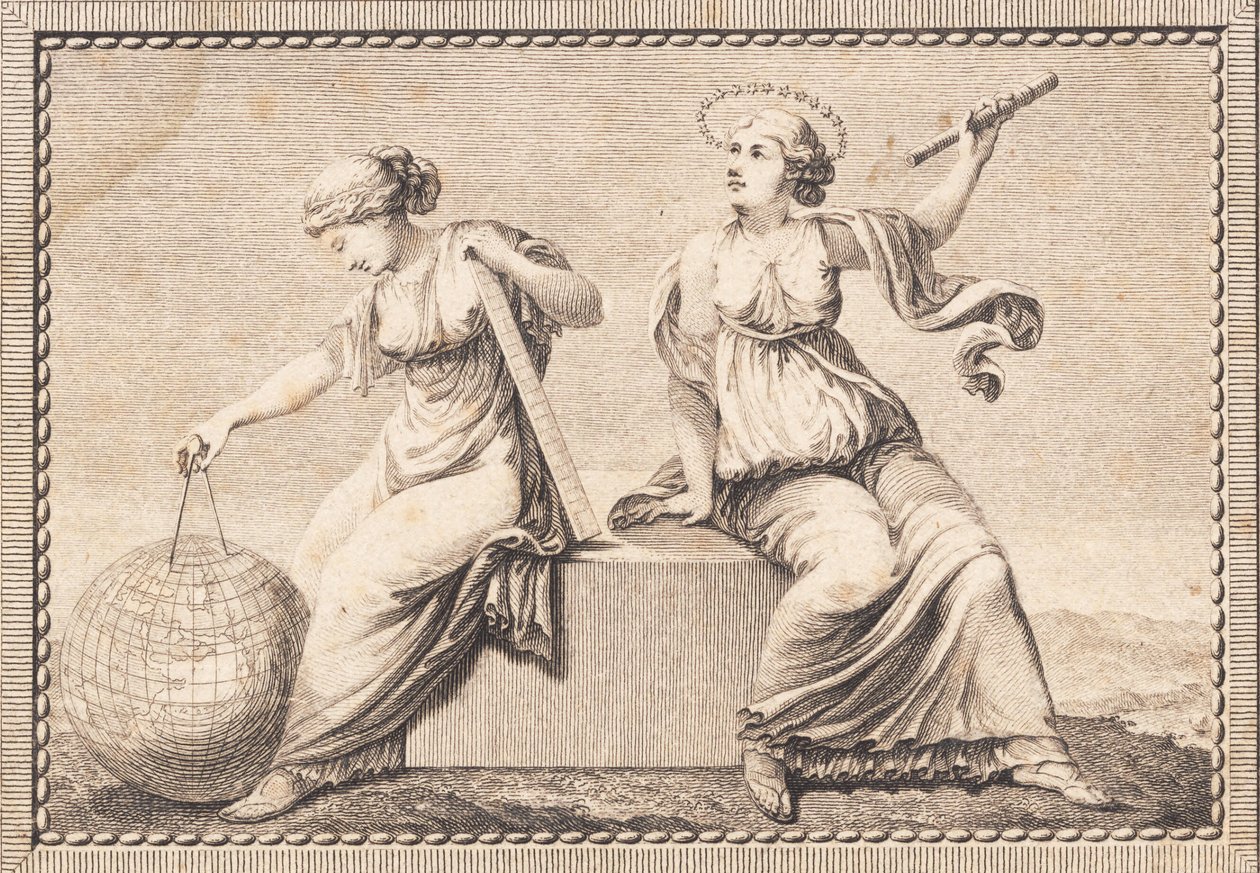Urania og Gaea sitter på en firkantet steinblokk av J.F. Clemens
