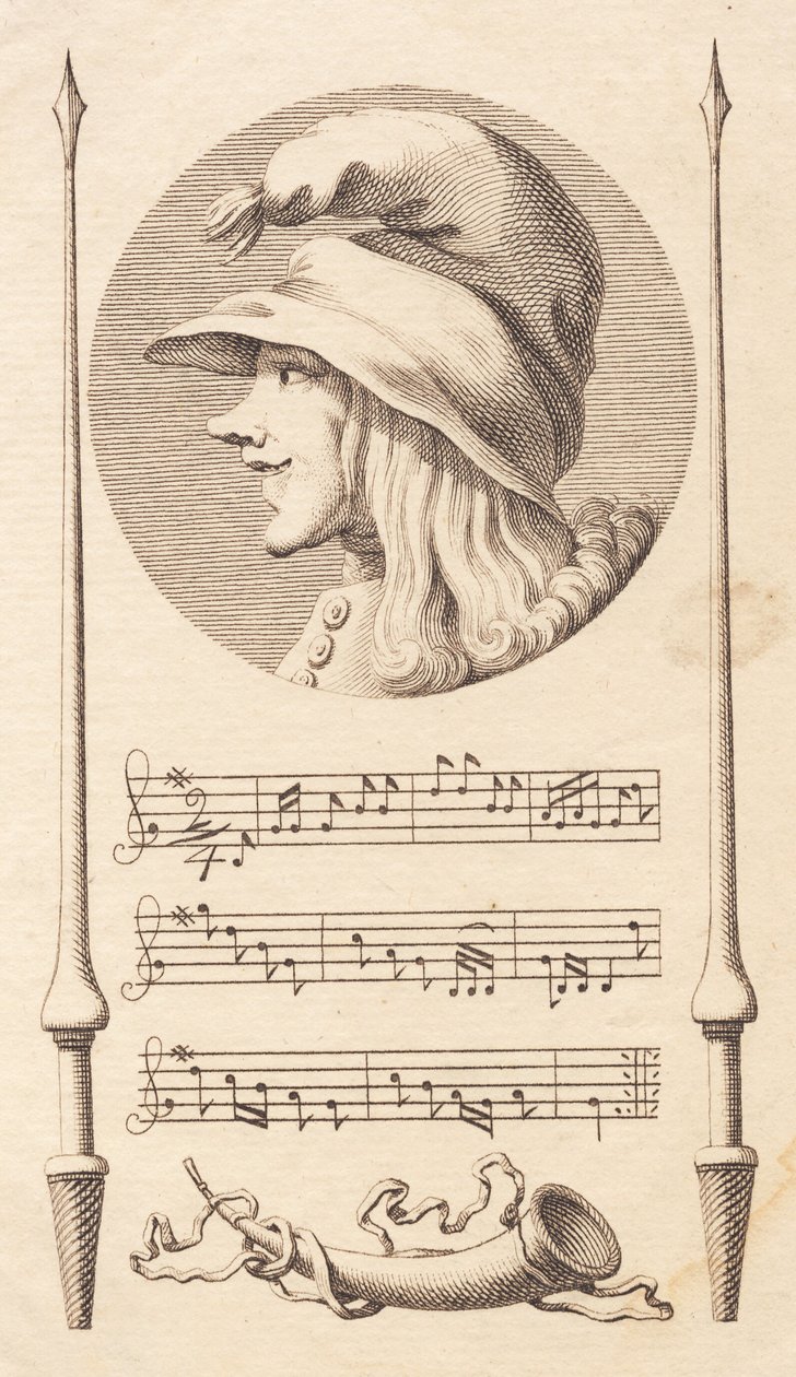 Vignetten. Hodet til en bondegutt mellom to lanser. av J.F. Clemens
