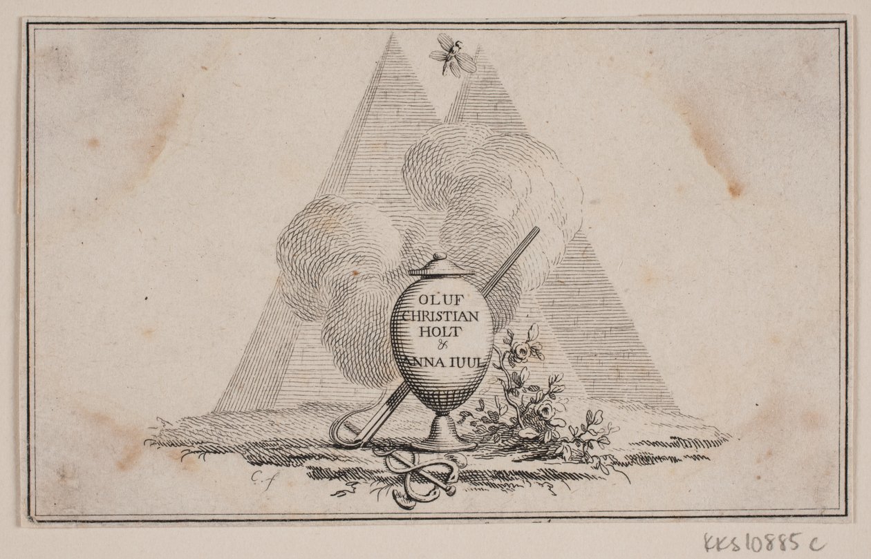 Vignett med vase og inskripsjon av J.F. Clemens
