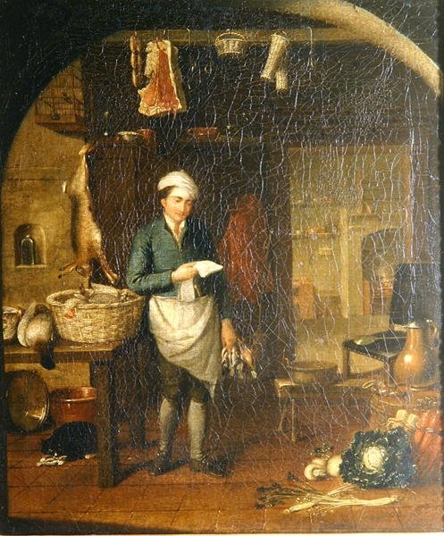 Kjøkkeninteriør med en tjener (olje på lerret) av J.H. Schack