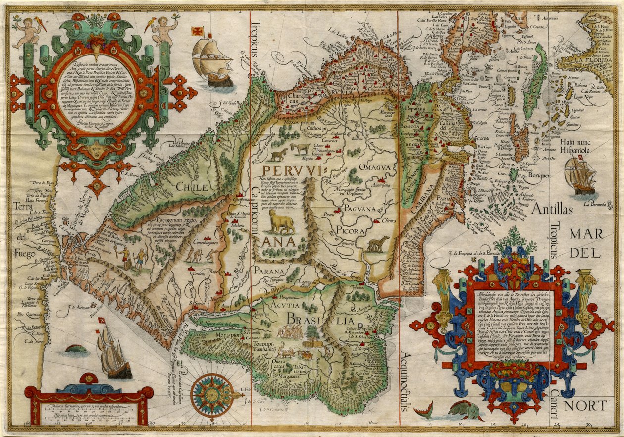 Avgrensning av alle kystene i hele de sørlige delene av Amerika ..., ca. 1596 (håndkolorert kobberstikk) av J.H. & van Langren A.F. (1571-1644) Linschoten