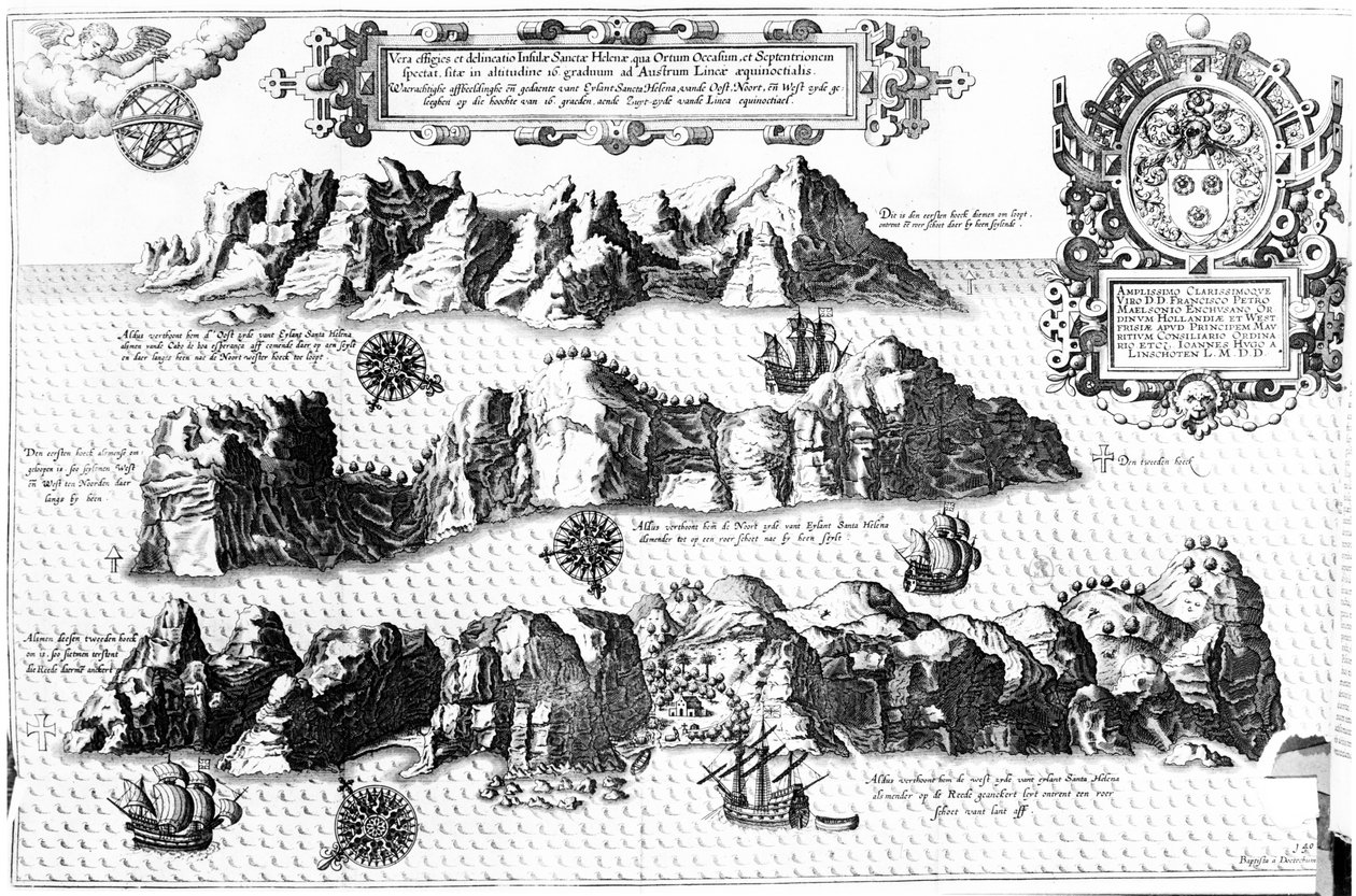 The Island of Saint Helena, illustrasjon fra Linschoten Itinerario, 1596 av J.H. van Linschoten