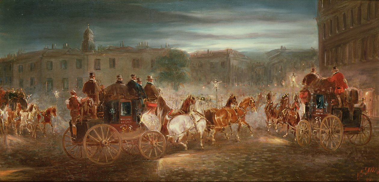 Kveldscoachingscene i en by av J.J. Jones