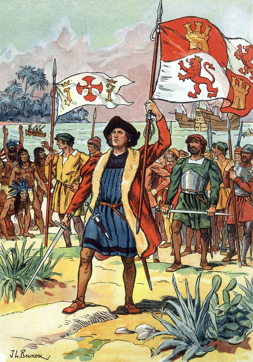 1492: Christopher Columbus ankommer Amerika med spansk flagg av J.L Beuzon (fl.1880 1940)