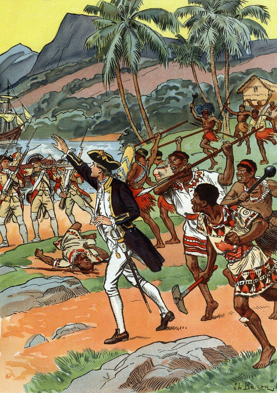 James Cooks død drept av lokalbefolkningen i Hawai av J.L Beuzon (fl.1880 1940)