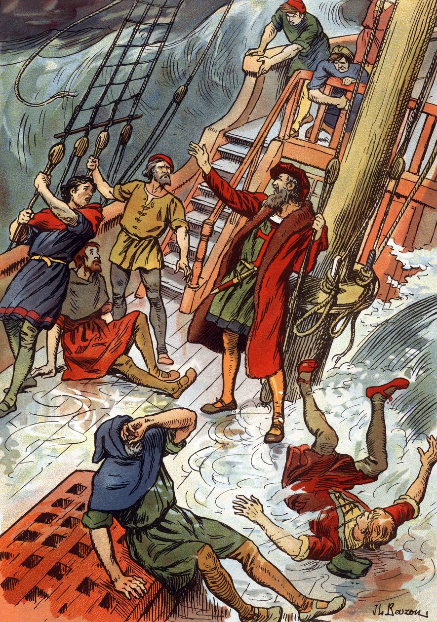 Vasco de Gama her under en storm ved Kapp det gode håp i Sør-Afrika av J.L Beuzon (fl.1880 1940)