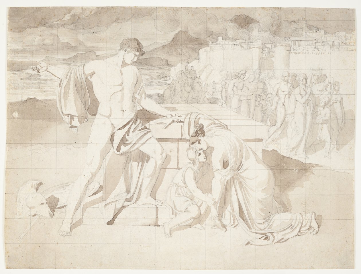 Andromache og sønnen Astyanax med Pyrrhus ved Hectors sarkofag av J.L. Lund