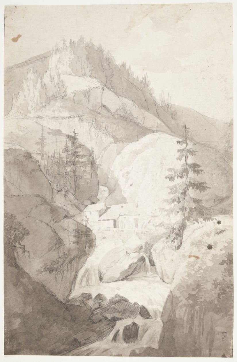 En foss ved St. Pierre d'Entremont, Grand St. Bernard. Sveits av J.L. Lund