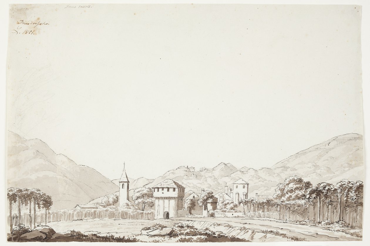 Landskap fra Domodossola i Sveits med kirke og vakttårn av J.L. Lund