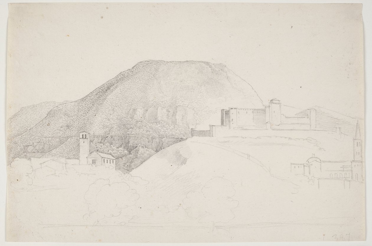 Landskapsstudie med fjell og bygninger. Spoleto, Italia av J.L. Lund