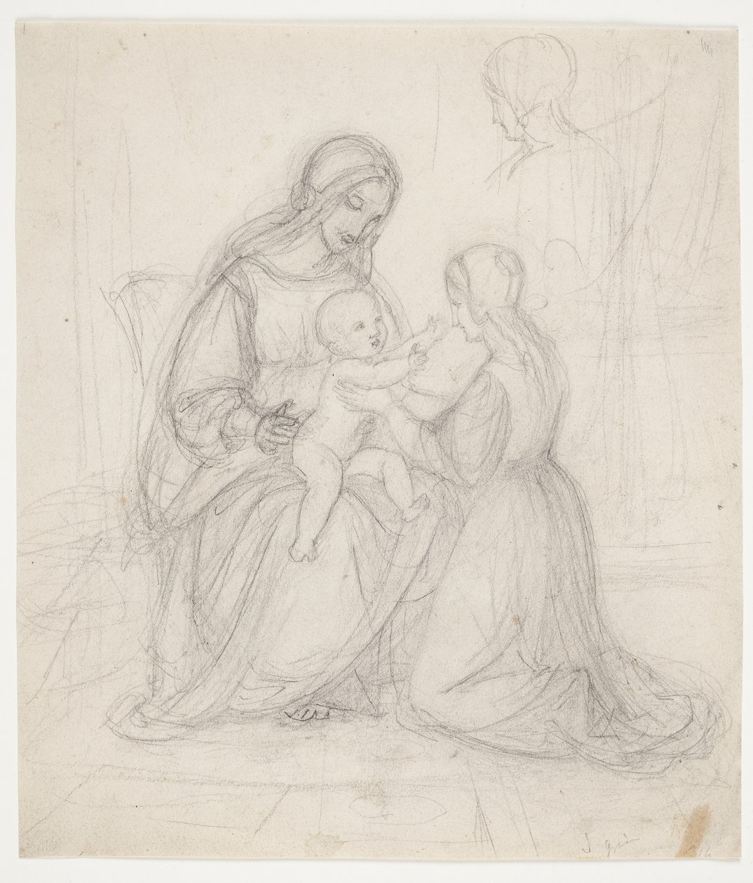 Sittende Madonna med barn og knelende kvinne av J.L. Lund