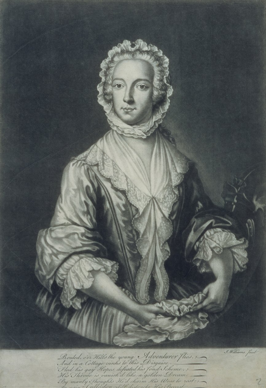 Prins Charles forkledd som "Betty Burke" (mezzotintgravering) av J.L. Williams