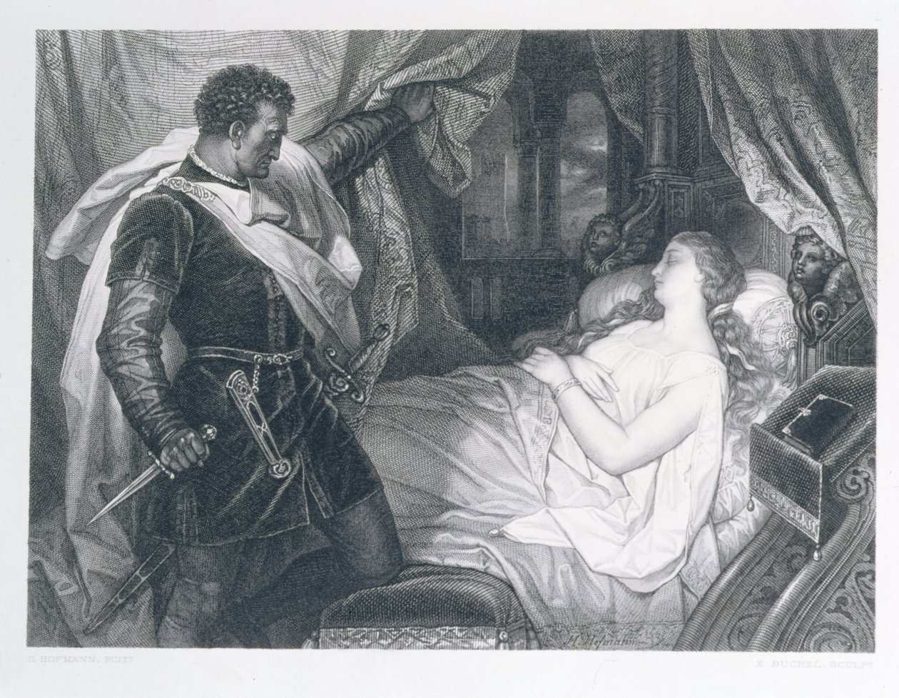 Othello og Desdemonda, gravert av Eduard Buchel (1835-1903) av J.M.F. Heinrich