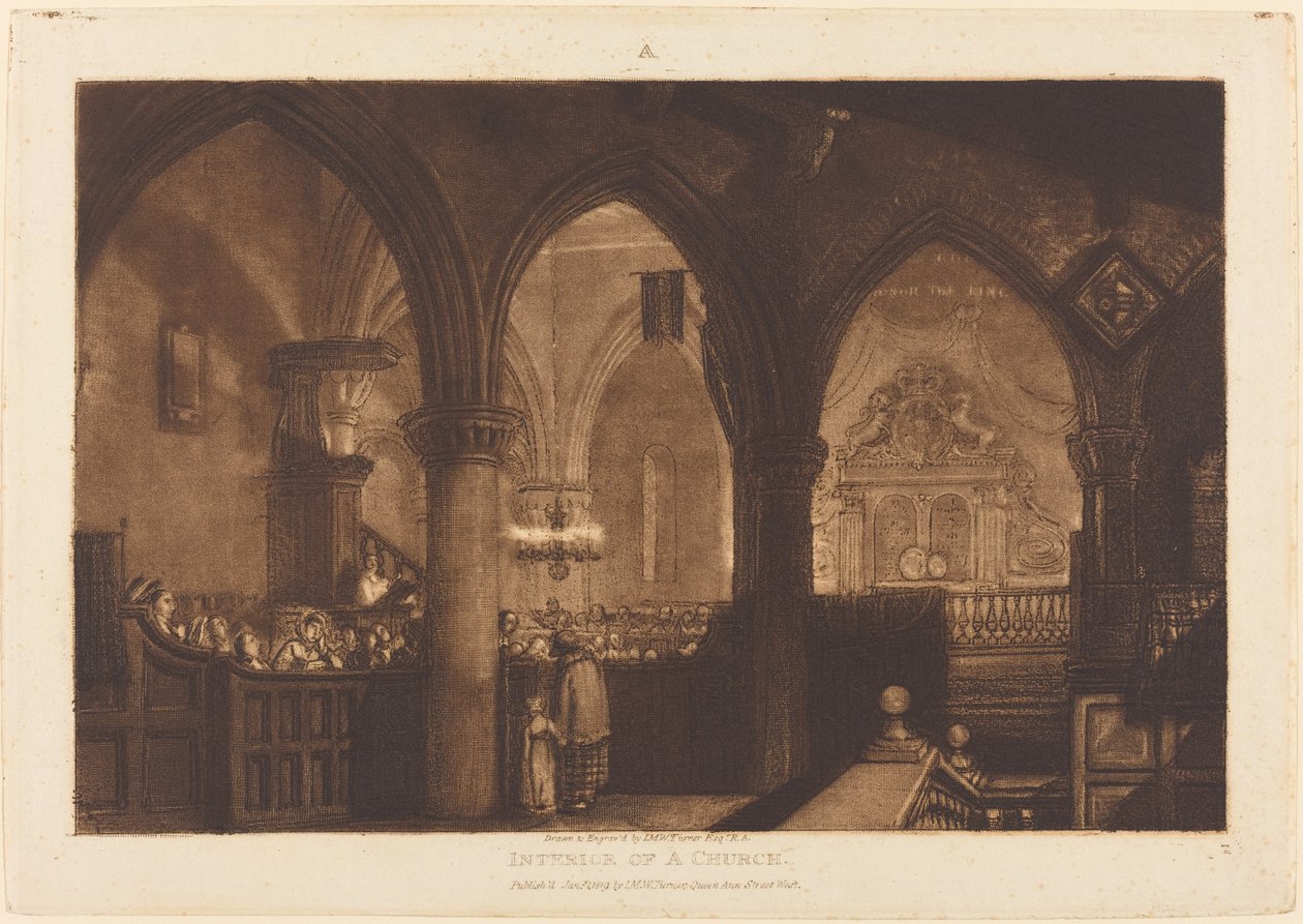 Interiør av en kirke, utgitt 1819. av Joseph Mallord William Turner