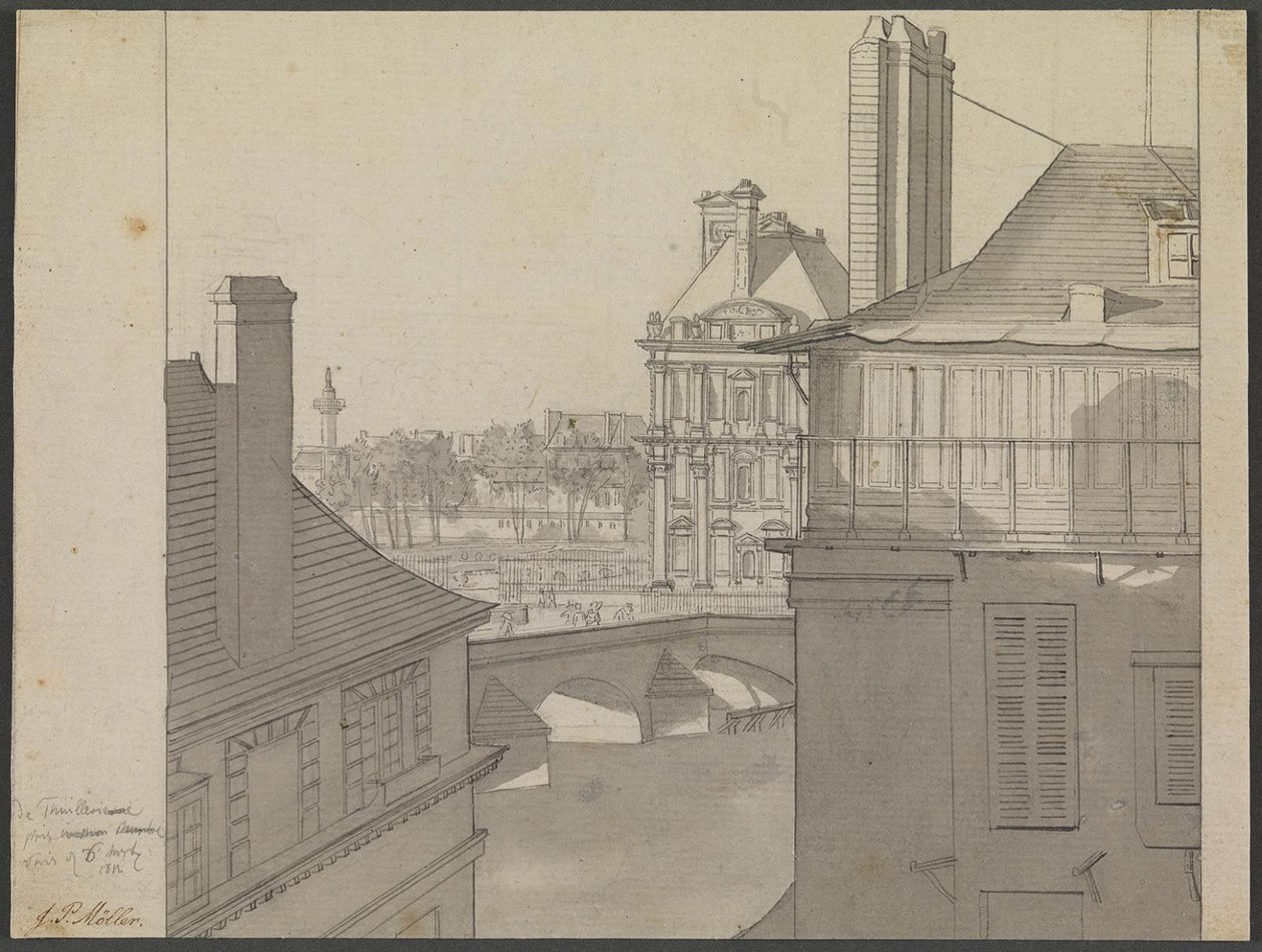 Utsikt fra J.P. Møllers leilighet på Hotel d’Irlande, Rue de Beaune nr. 3, over Seinen mot Tuileriene og Rue de Rivoli, 6. mars 1812 av J.P. Møller