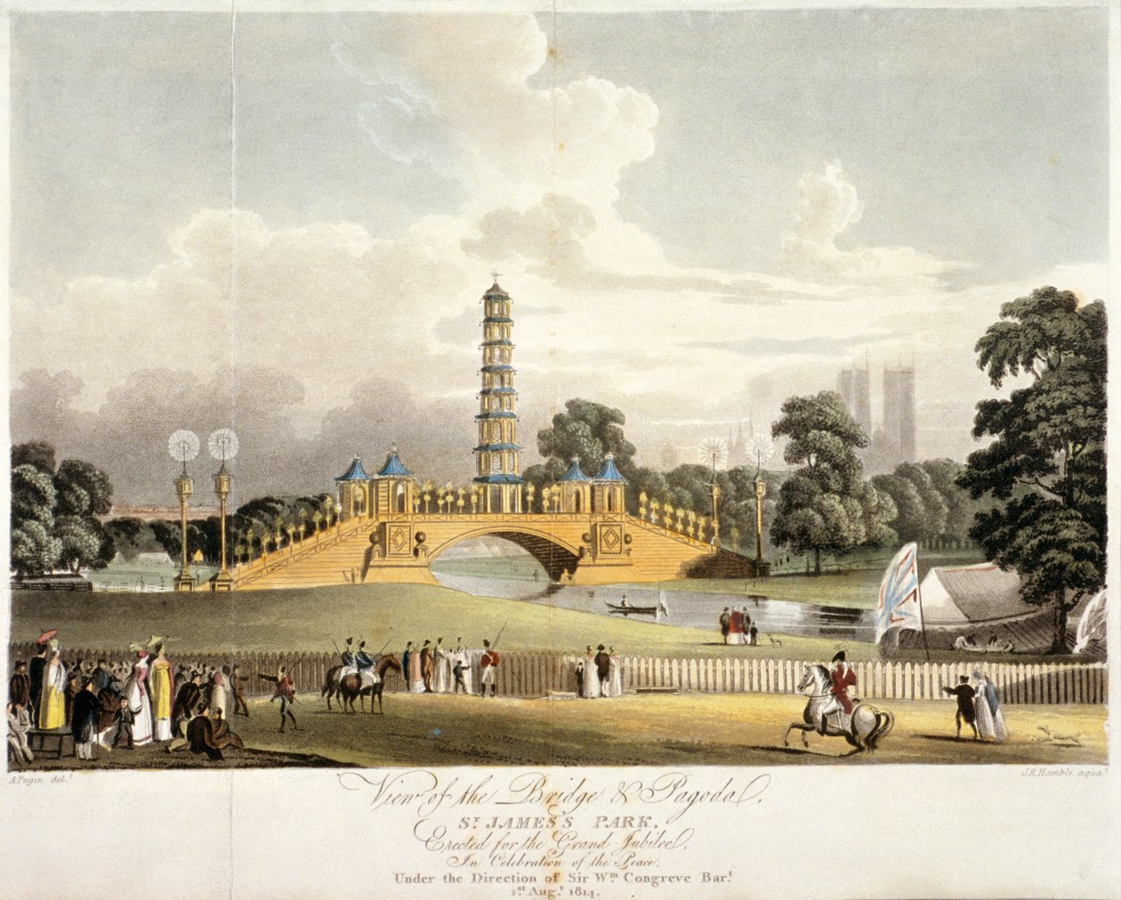 Utsikt over den kinesiske broen og pagoden i St James's Park, London, 1814 av JR Hamble