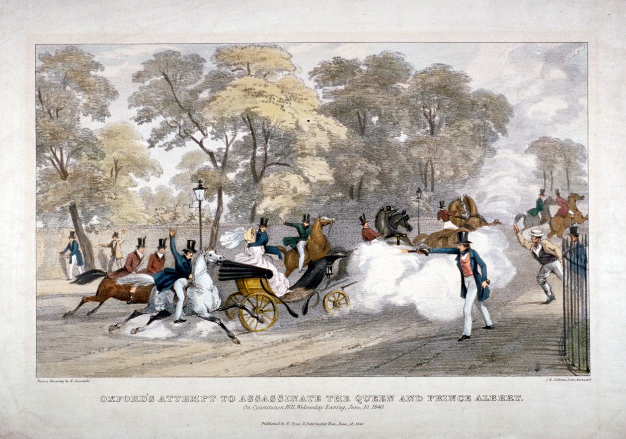 Attentatforsøk mot dronning Victoria, Constitution Hill, Westminster, London, 1840 av JR Jobbins