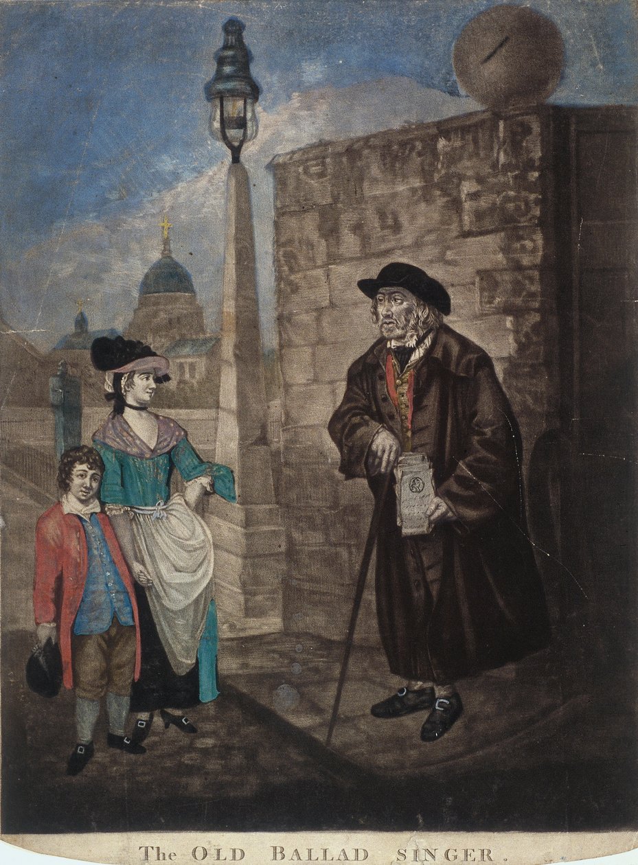 Gammel balladesanger står på et gatehjørne, c1780 av JR Smith