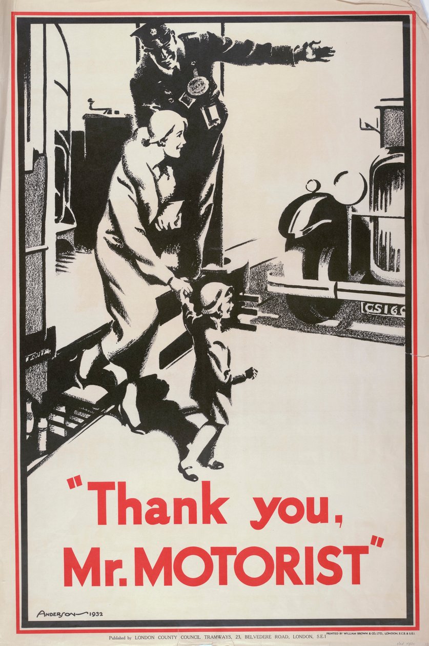 "Thank You Mr Motorist", London County Council LCC Tramways-plakat, 1932 av JS Anderson