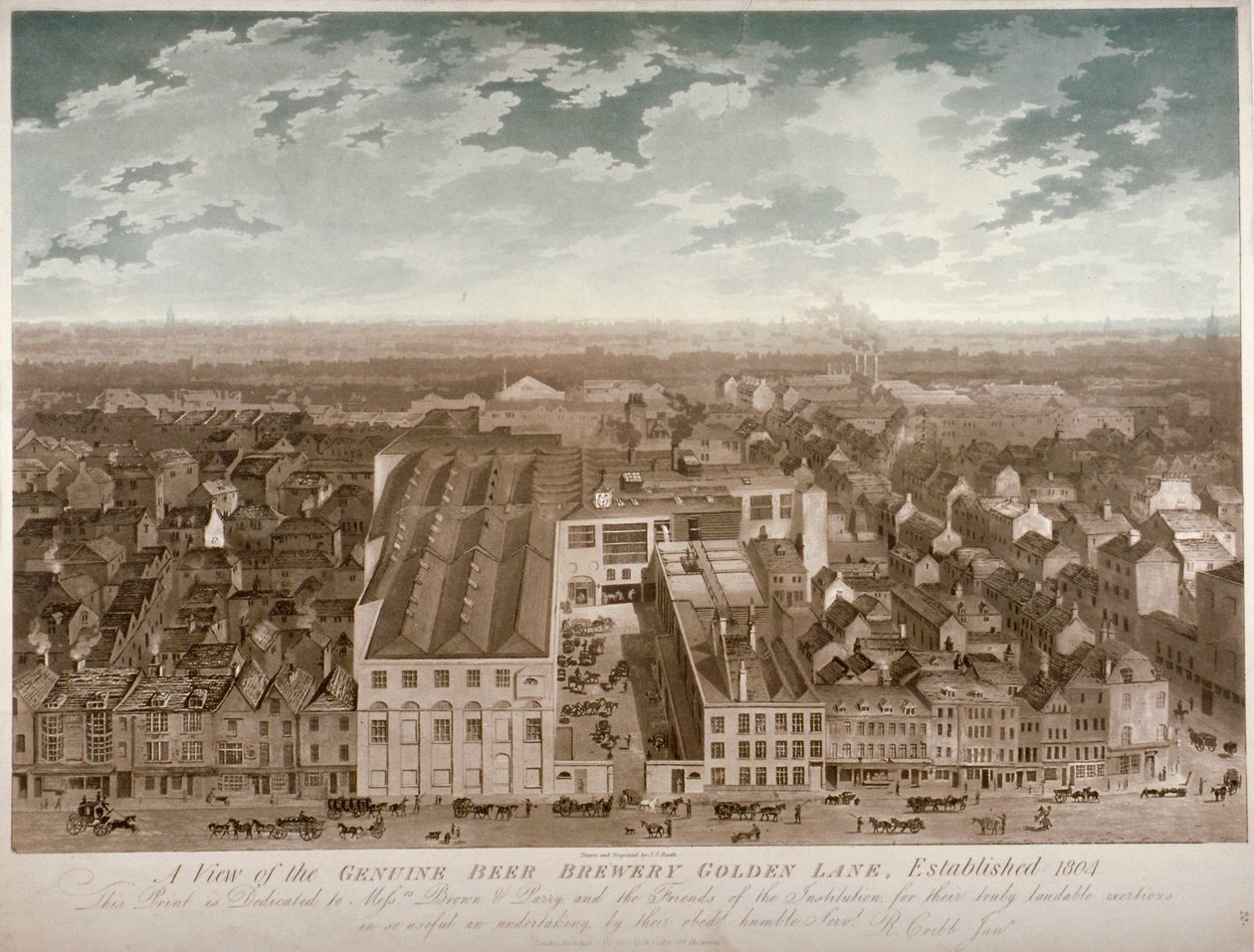Luftfoto av Genuine Beer Brewery, Golden Lane, City of London, 1807 av JS Barth