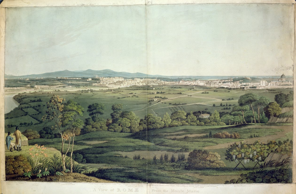 Utsikt over Roma fra Monte Mario, gravert av Dubourg, 1811 (håndfarget gravering) av J.T. Middleton