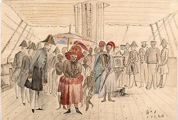 Vestafrikanske høvdinger om bord på et marinefartøy, ca. 1850 (akvarell og blyant på papir) av J.T.C. Webb