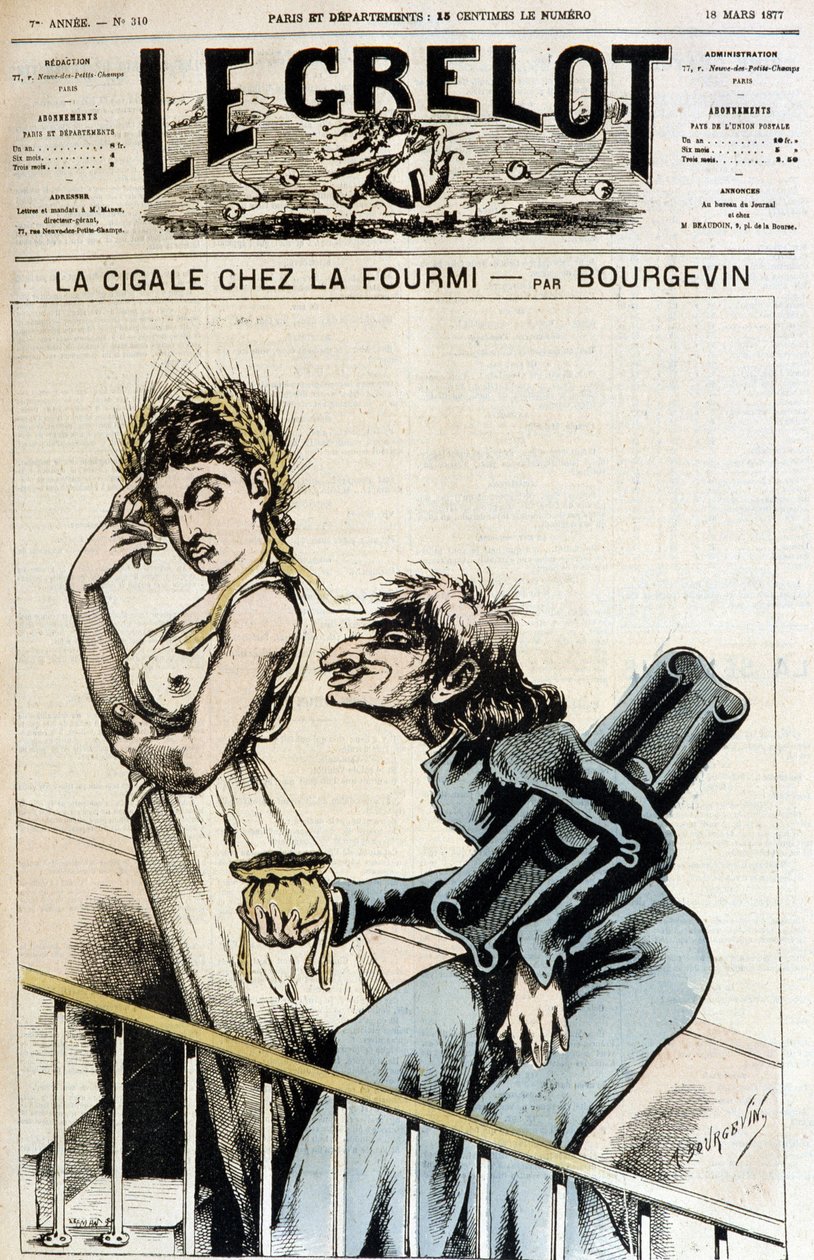 La cicada chez la ant - Antiklerisk karikatur av en jesuite som holder en åpen veske som han pleier til en umorøs kvinne, iført en krone av hvete epis, som lager en moue of dedain - Illustrasjon av A. Bourgevin (eller J.Blasset eller Albert Douat av J.  Blass