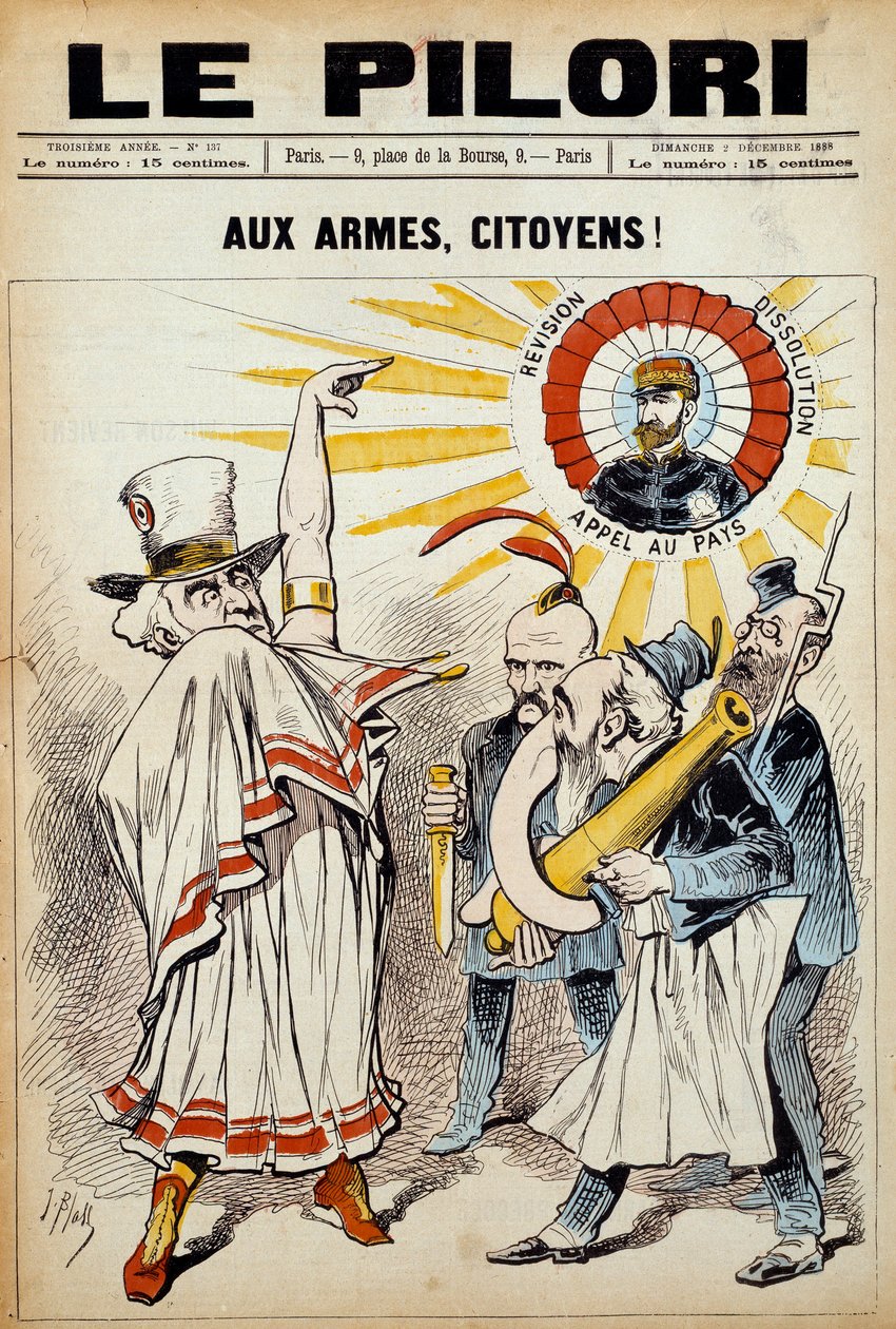 En av avisen "" the pillory"": "" til borgere våpen! "" den 2. desember 1888 under en demonstrasjon mot general Boulanger. Illustrasjon av J. Blass