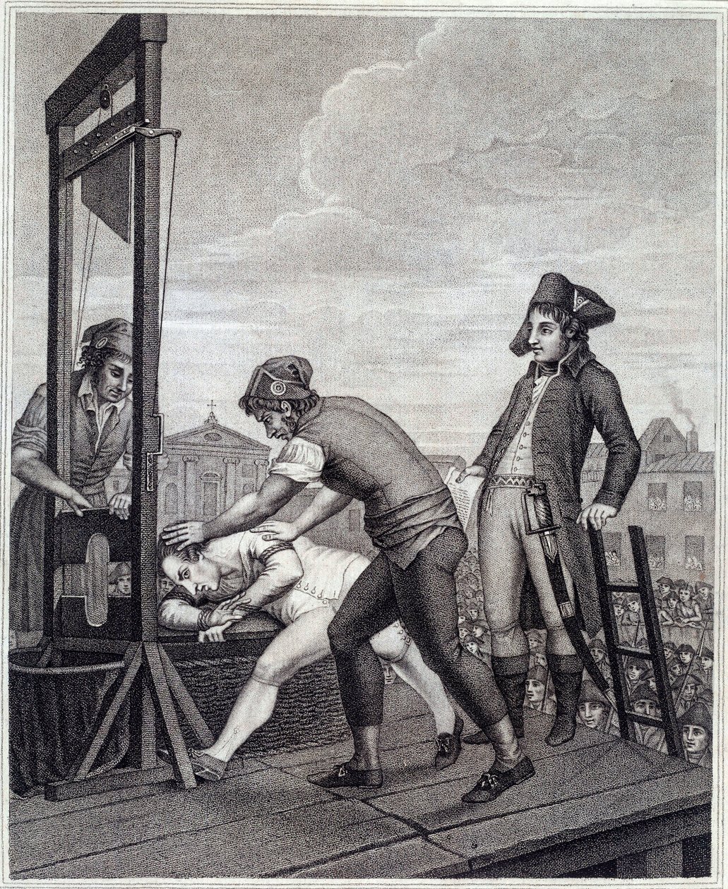 Henrettelsen av Maximilian de Robespierre (1758-1794) har giljotinen 28.07.1794 på Place de la Concorde-gravering av James Idnarpila etter J. Beys. 1799 omtrent. Paris, Musee Carnavalet av J. (after) Beys
