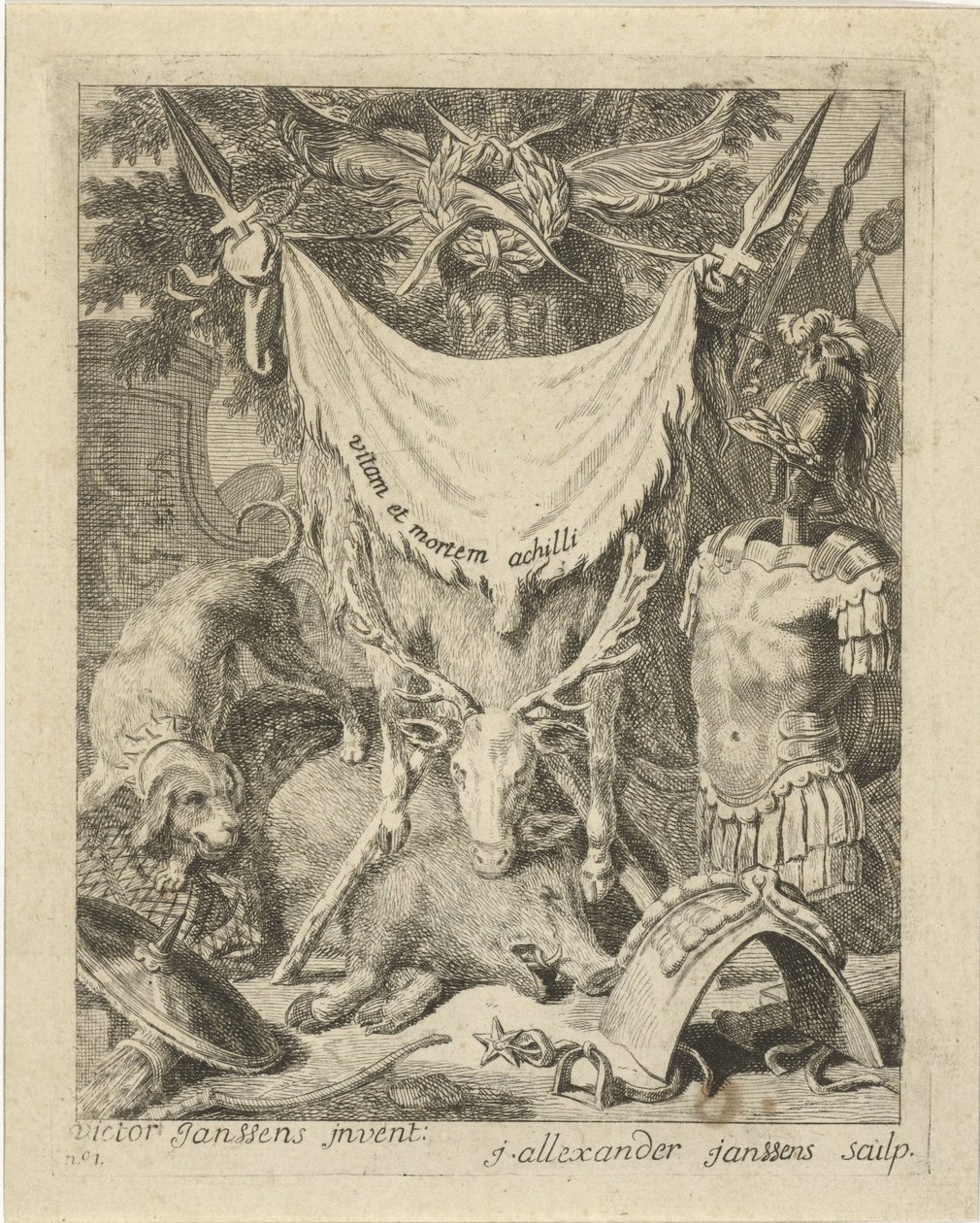 Titteltrykk for en serie med scener fra Achilles liv Scener fra livet til Achilles (serietittel) Vitam et mortem achilli (serietittel på objekt) av J. Alexander Janssens