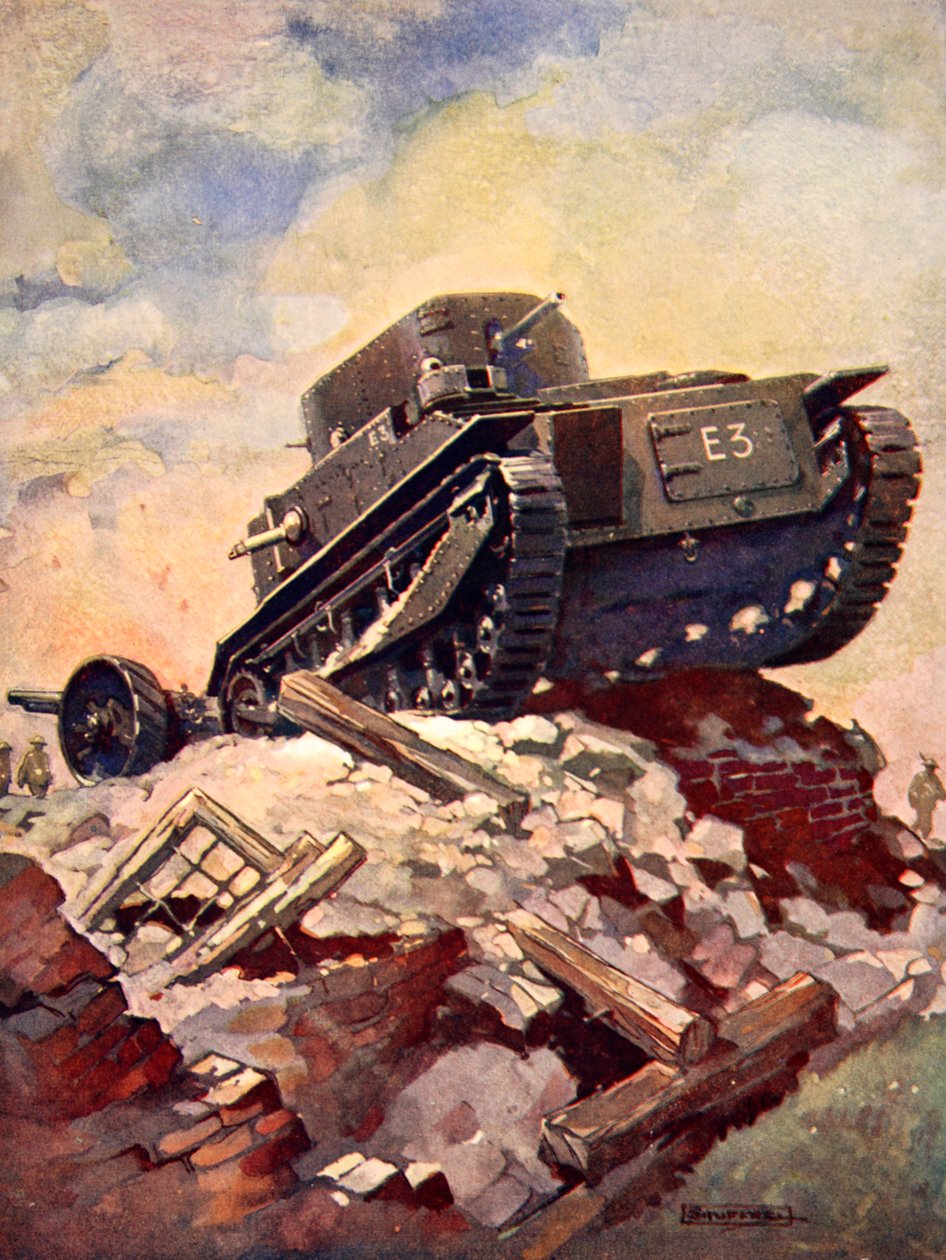 En tank fra første verdenskrig (farge litho) av J. Allen (after) Shuffrey