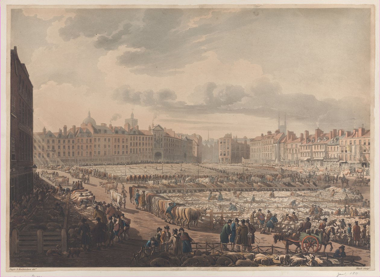Et fugleperspektiv av Smithfield Market, tatt fra Bear & Ragged Staff, januar..., 1. januar 1811. av J. Bluck