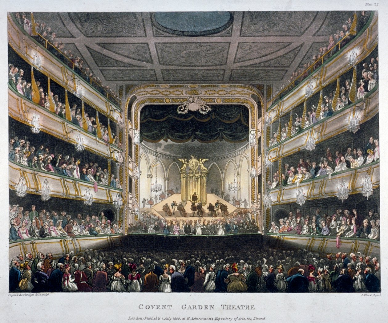 Innvendig utsikt over Covent Garden Theatre, Bow Street, Westminster, London, 1808 av J Bluck