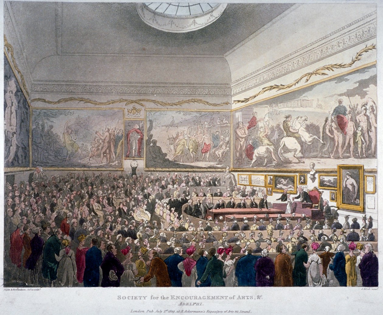 Møte for Society of Arts i Adelphi Buildings, Westminster, London, 1809 av J Bluck
