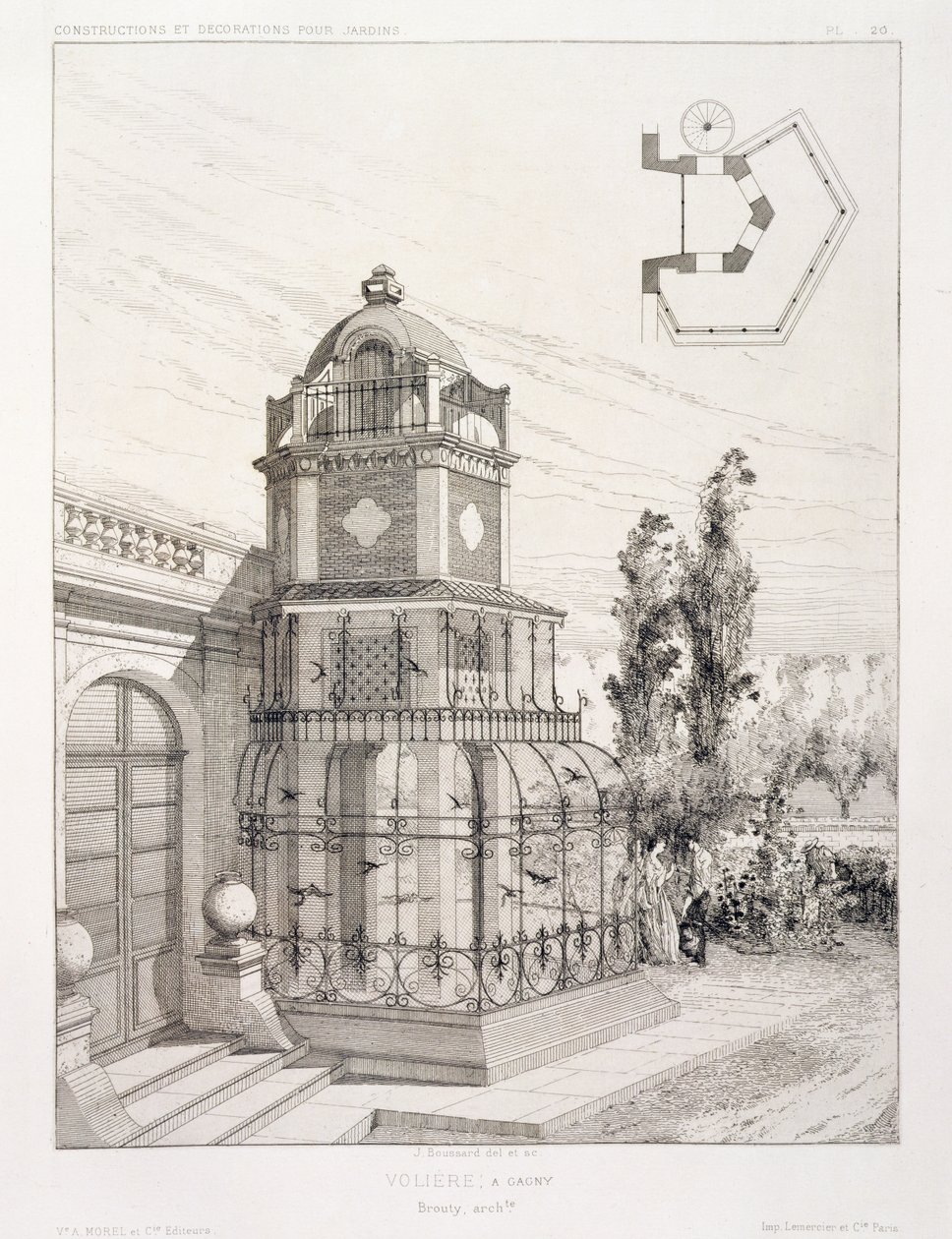 Voliere for sangfugler, fra et volum av design av forskjellige arkitekter, pub. Morel & Cie, Paris, ca. 1880 av J. Boussard