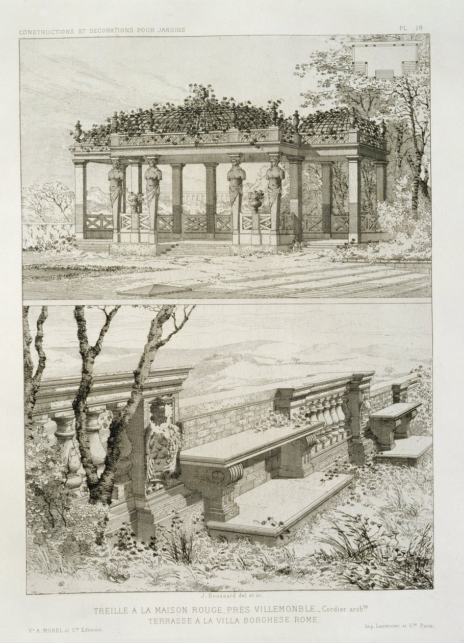 Pergola av La Maison Rouge nær Villemomble, designet av Cordier, og terrasse til Villa Borghese, Roma, ca. 1880 av J. Boussard