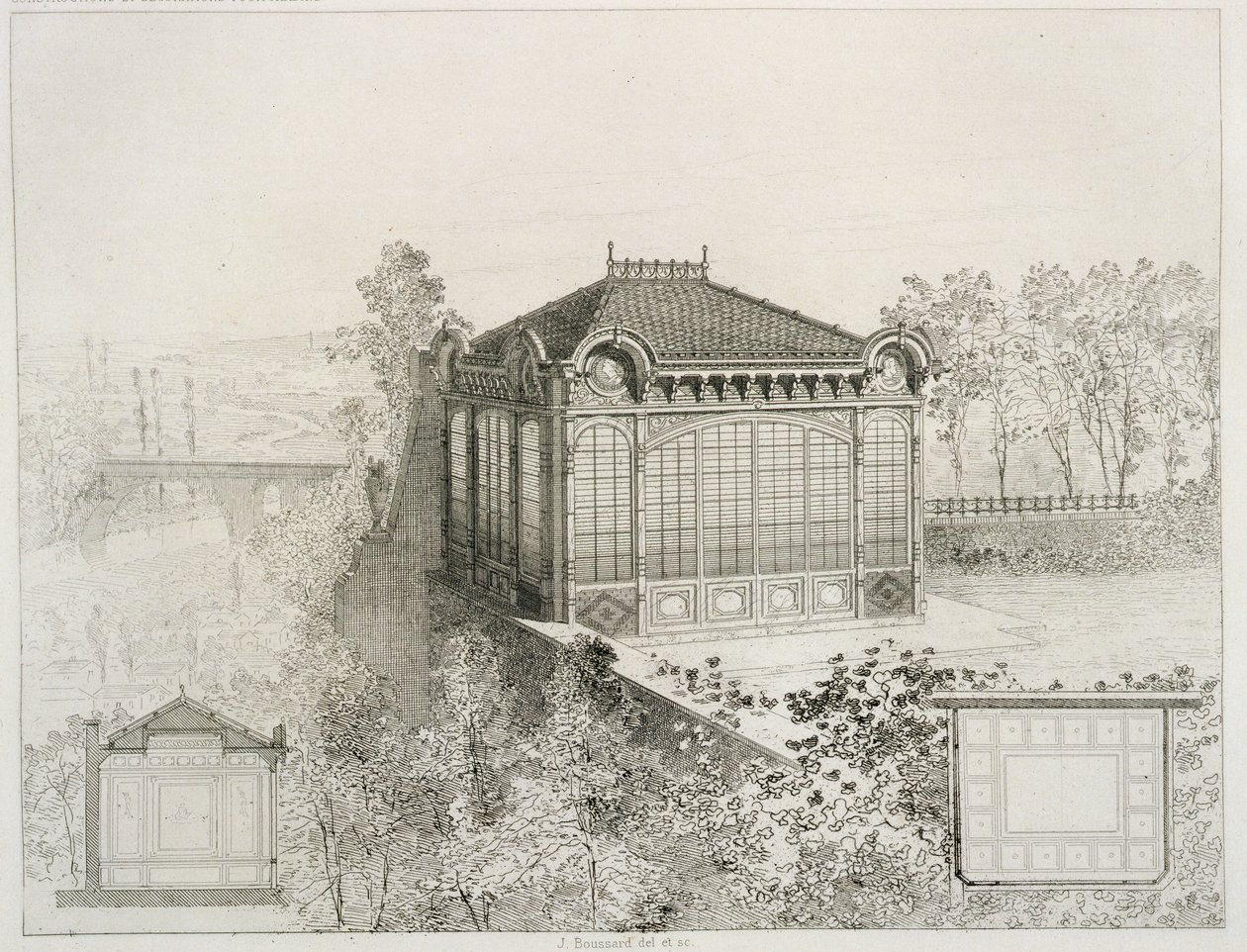 Planer og forhøyning av en hagepaviljong, ca. 1880 av J. Boussard