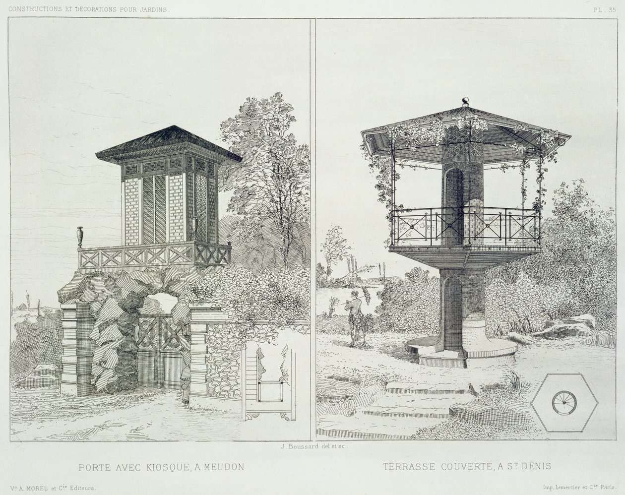 Portal med kiosk, Meudon og overbygd terrasse, St. Denis, fra et volum av design av forskjellige arkitekter, pub. Morel & Cie, Paris, ca. 1880 (radering) av J. Boussard