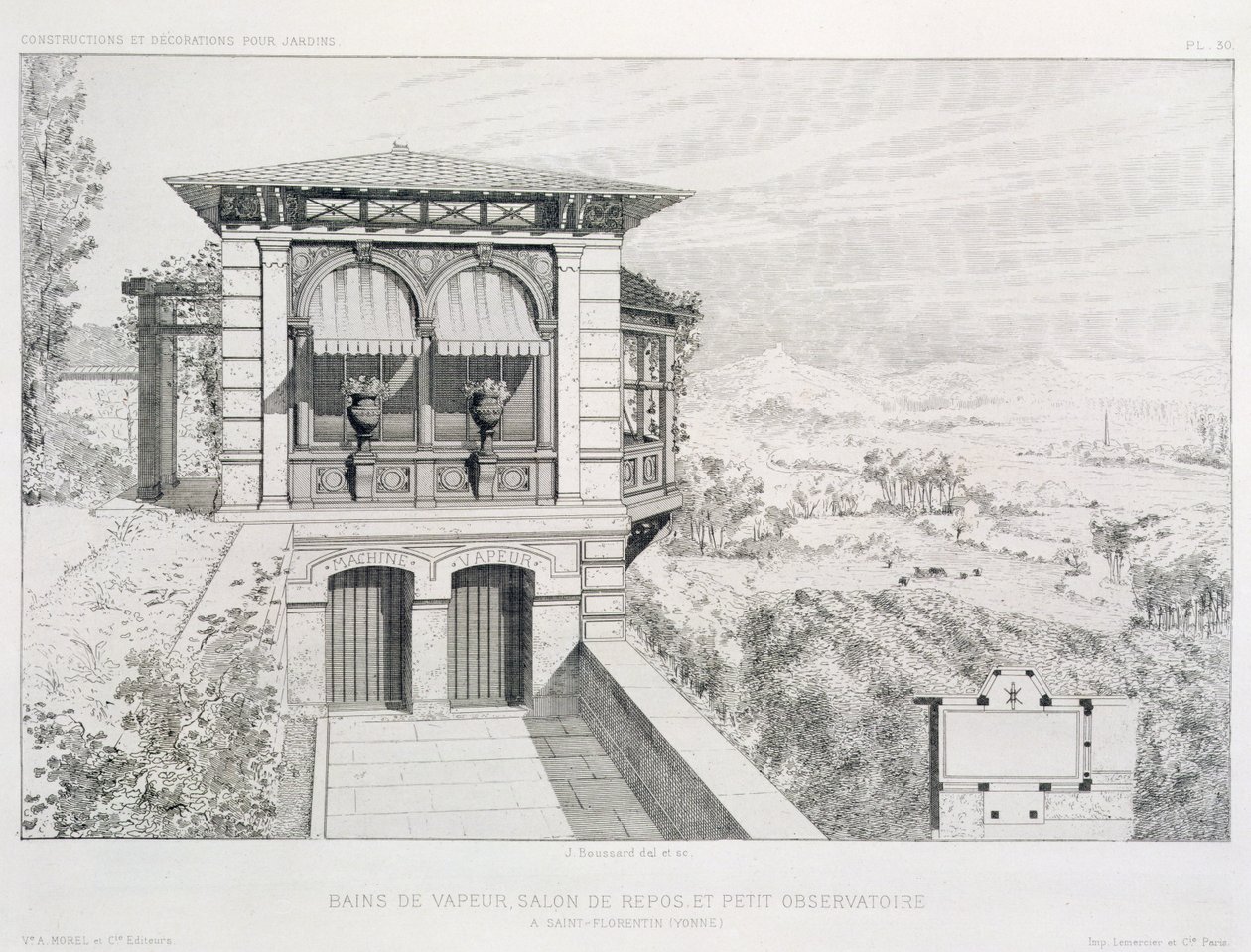 Dampbad, observatorium over, fra et volum av design av forskjellige arkitekter, pub. Morel & Cie, Paris, ca. 1880 av J. Boussard
