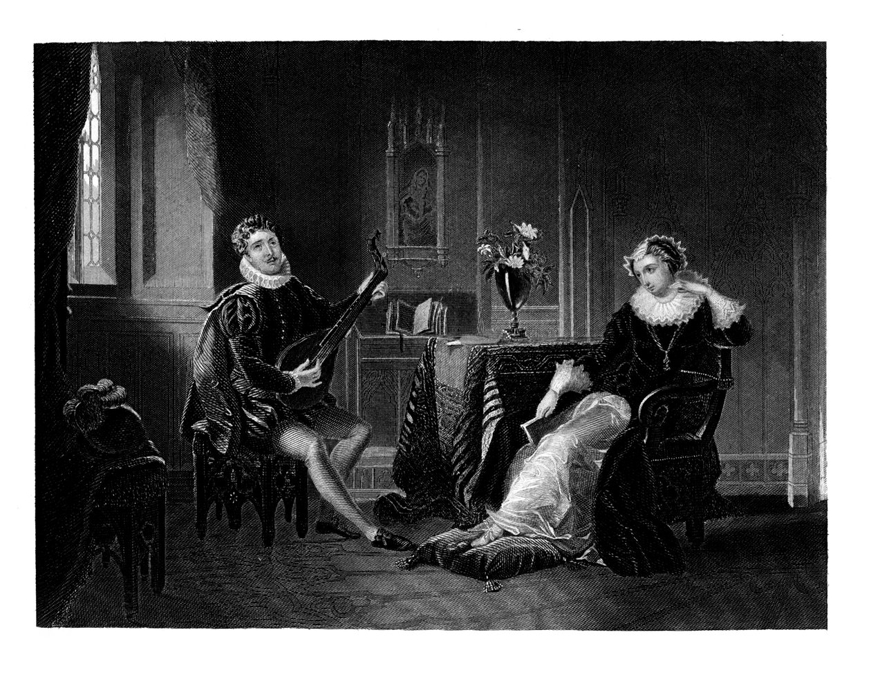 Chatelar spiller lut til Mary Queen of Scots, 1560-tallet, 1860 av J. C. Armytage
