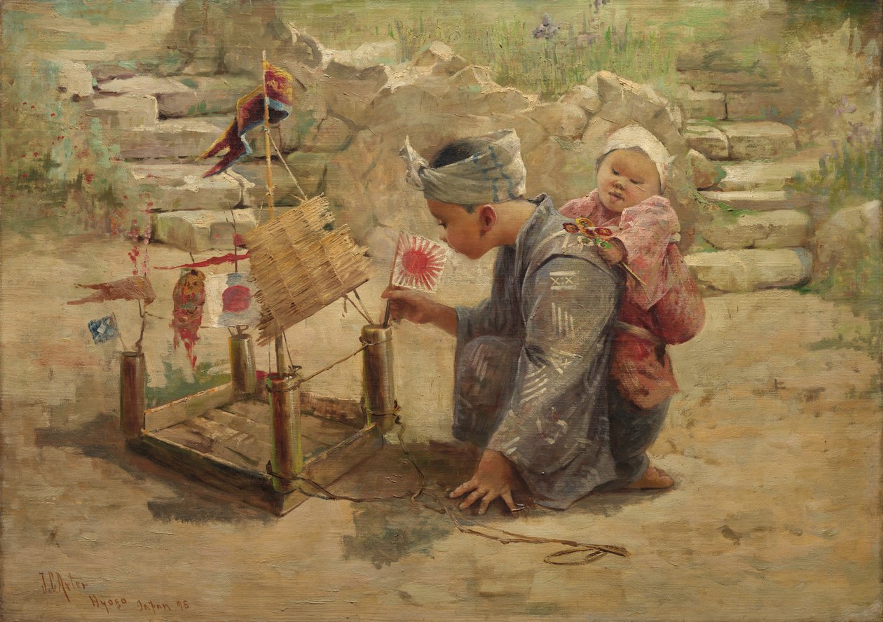 Japansk gutt som bygger en krigsmann, 1895. av J. C. Arter.