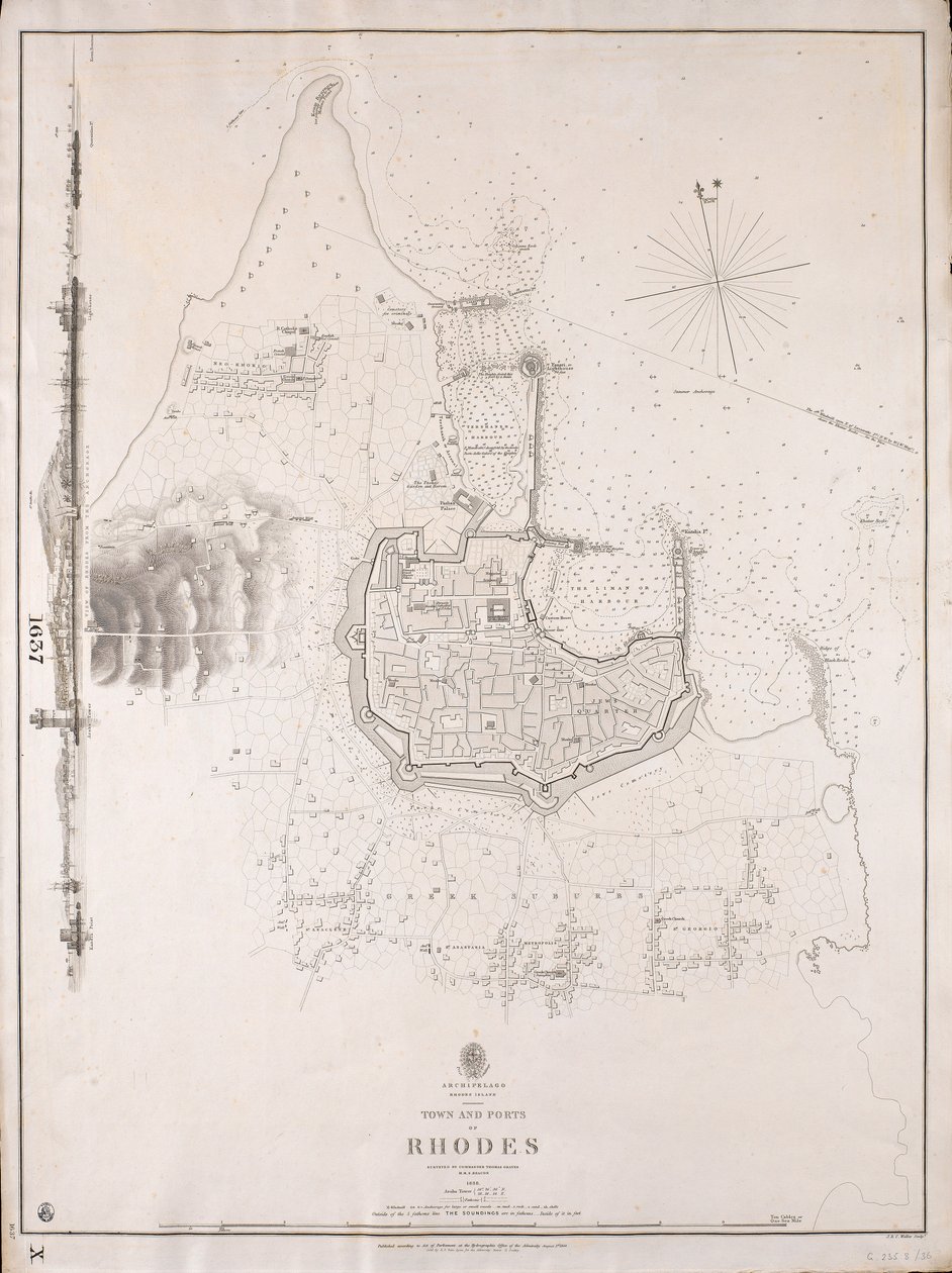 Øygruppen Rhodos, byen og havnene på Rhodos kartlagt av kommandør Thomas Graves, HMS #39;Beacon#39; 1838 av J. & C. Walker