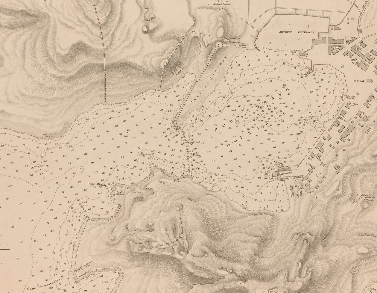 Hellas, Peiraeus eller Port Drako kartlagt av kommandør Thomas Graves, HMS Beacon 1840, [Detalj] av J. & C. Walker