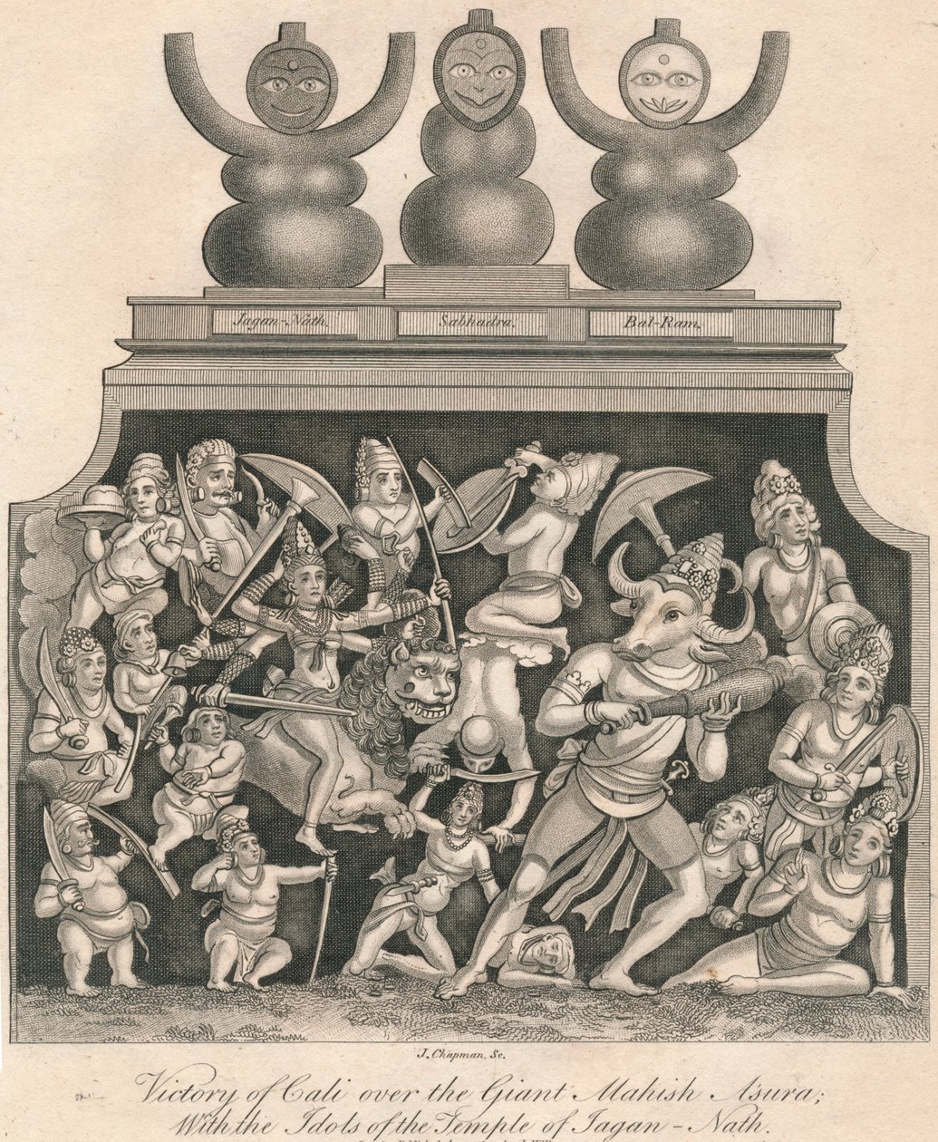 Calis seier over den gigantiske Mahish Asura, med idolene til Jagan-Nath-tempelet, 1809. av J. Chapman