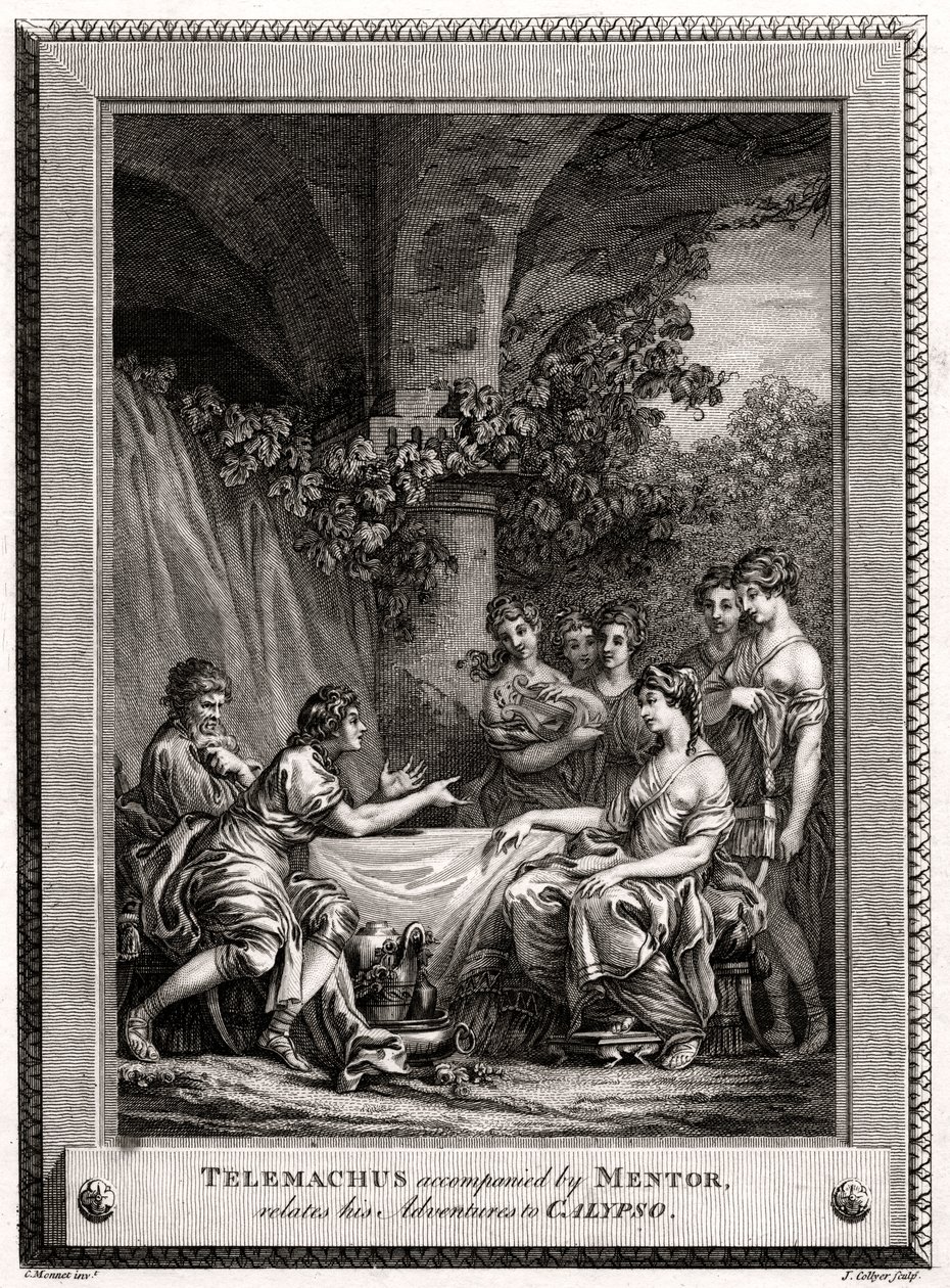 Telemachus akkompagnert av Mentor, forteller sine eventyr til Calypso, 1774 av J. Collyer